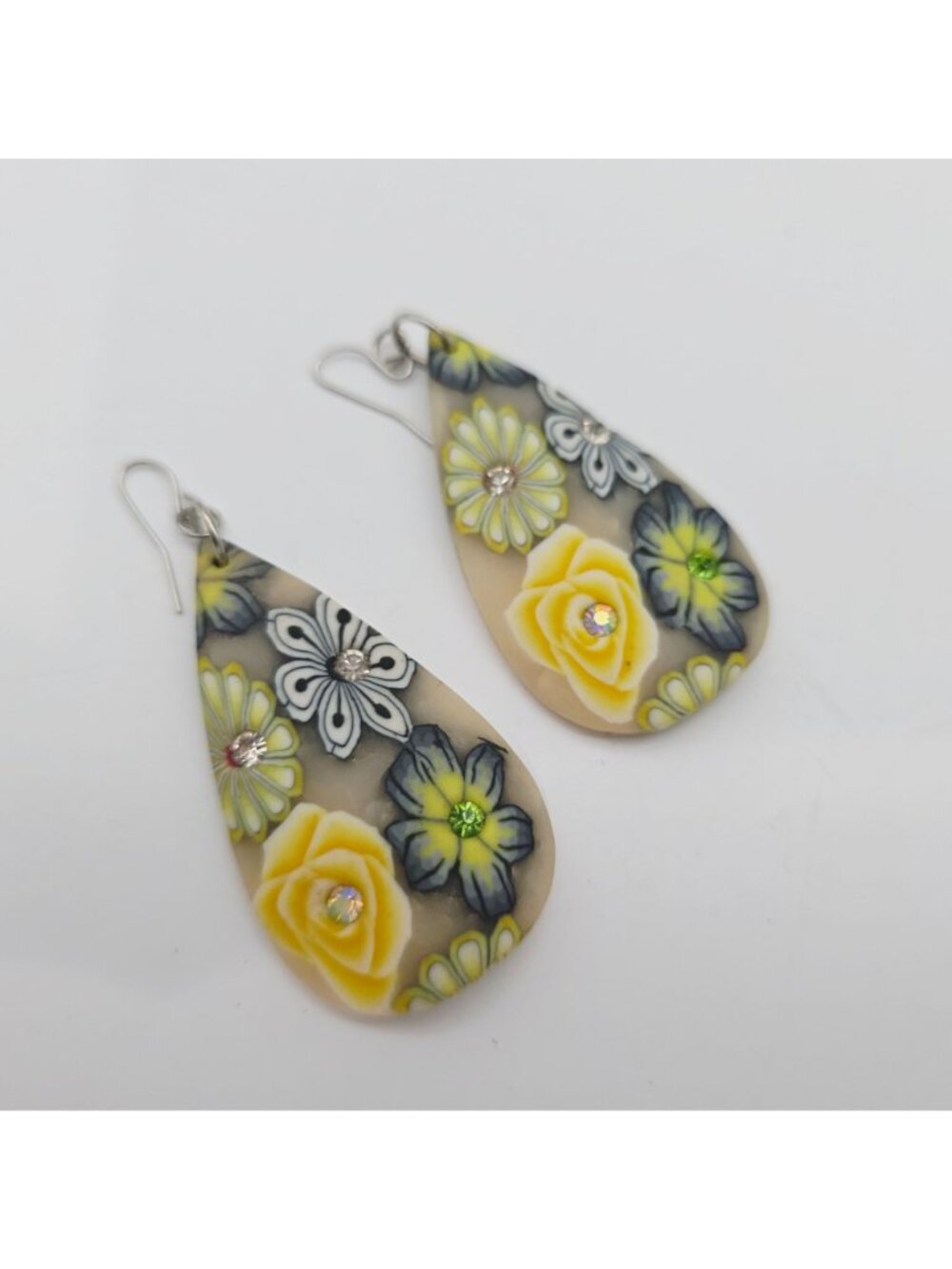 Floral Teardrop Earrings Yellow And Blue Flowers & Rhinestone Polymer 2.75 - Picture 4 of 5